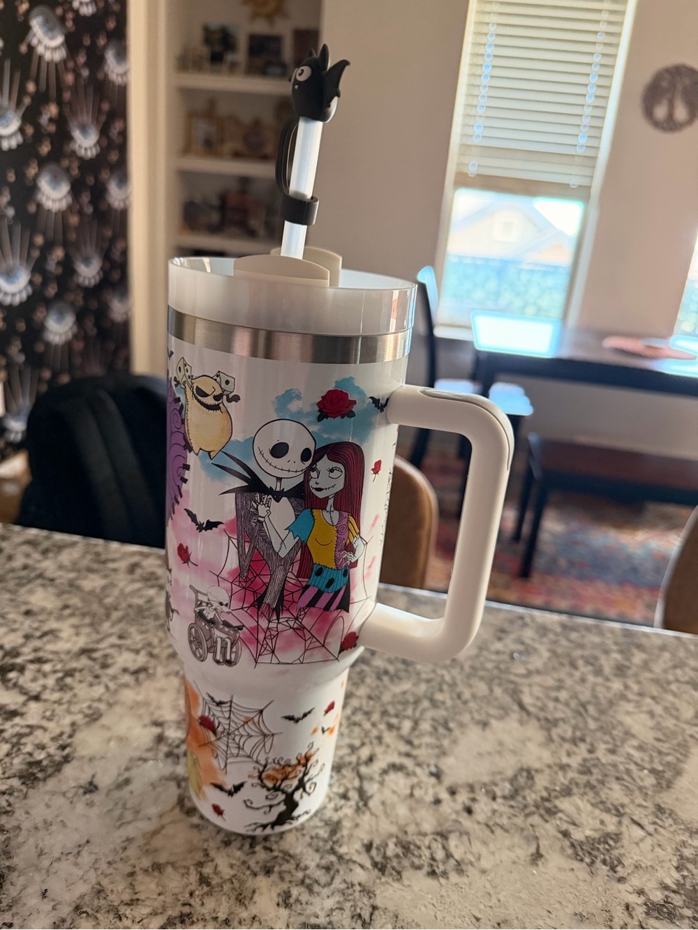 Themed White Travel Tumbler with Handle - Halloween Character Design